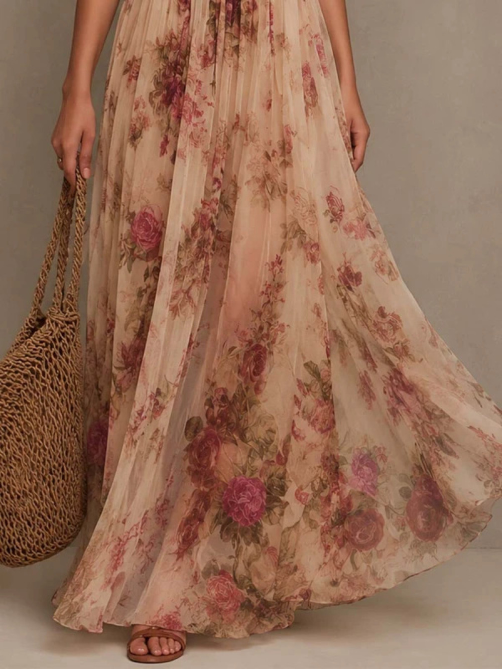 Vintage Rose Floral Halter Deep V Waisted Flowy Mesh Maxi Vacation Dress